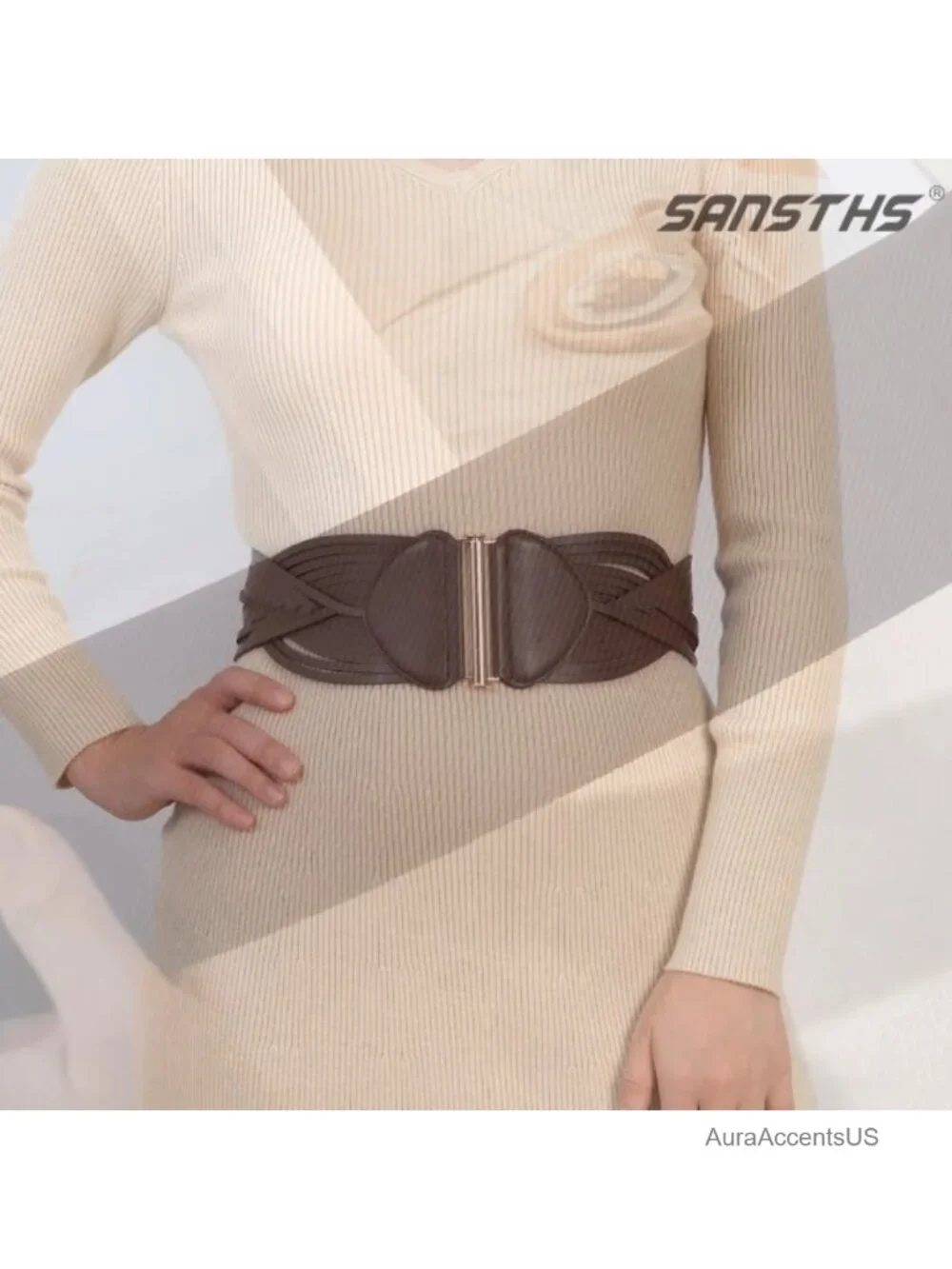 Wide Elastic Stretchy Waist Belt Faux Leather Snap Closure Women's Cinch Belt